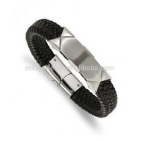 Mens Stainless Steel Brushed Polished Blk Braided Leather ID Bracelet