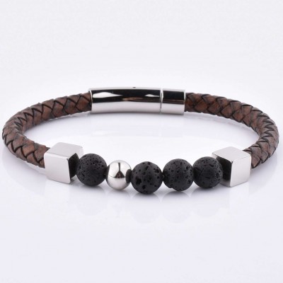 Ruigang Famous Brand Stylish Design Men Luxury Genuine Leather Bead Bracelet