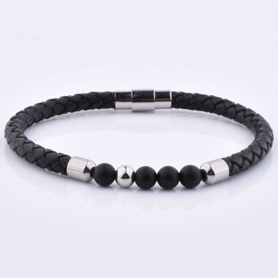 Ruigang Unique Mens Bracelets Men Silver Leather Punk 6mm Gemstone Bead Bracelet