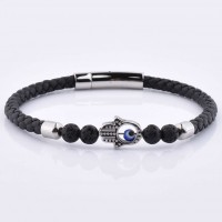 Ruigang Stainless Steel Hamsa Hand Charm Onyx Beads Black Genuine Braided Leather Bracelet