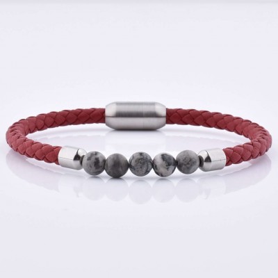 Ruigang Mens Women Red Leather Magnetic Clasp Grey Jasper Gemstone Bead Bracelet