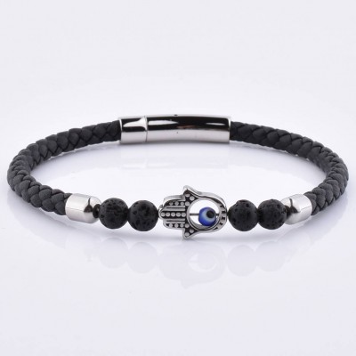 Brand New Stainless Steel Hamsa Hand Charm Onyx Beads Black Genuine Braided Leather Bracelet