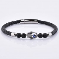 Stainless Steel Hamsa Hand Charm Onyx Beads Black Genuine Braided Leather Bracelet